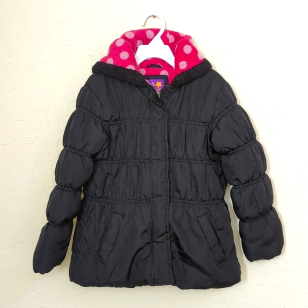 Pink Platinum Girl's Black Fleece Lined Sherpa Trim Hooded Puffer Coat Size 7-8